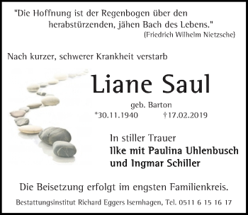 Traueranzeige von Liane Saul von Hannoversche Allgemeine Zeitung/Neue Presse