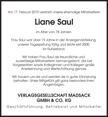 Traueranzeige von Liane Saul von Hannoversche Allgemeine Zeitung/Neue Presse