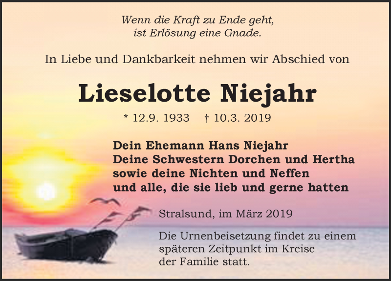  Traueranzeige für Lieselotte Niejahr vom 16.03.2019 aus Ostsee-Zeitung GmbH