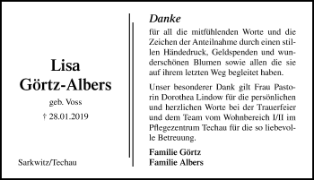 Traueranzeige von Lisa Görtz-Albers von Lübecker Nachrichten