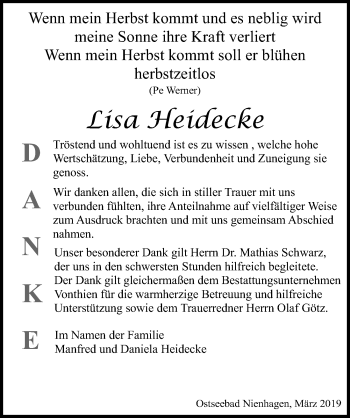 Traueranzeige von Lisa Heidecke von Ostsee-Zeitung GmbH