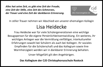 Traueranzeige von Lisa Heidecke von Ostsee-Zeitung GmbH