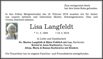 Traueranzeige von Lisa Langfeldt von Kieler Nachrichten