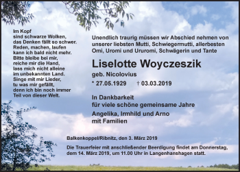 Traueranzeige von Liselotte Woyczeszik von Ostsee-Zeitung GmbH