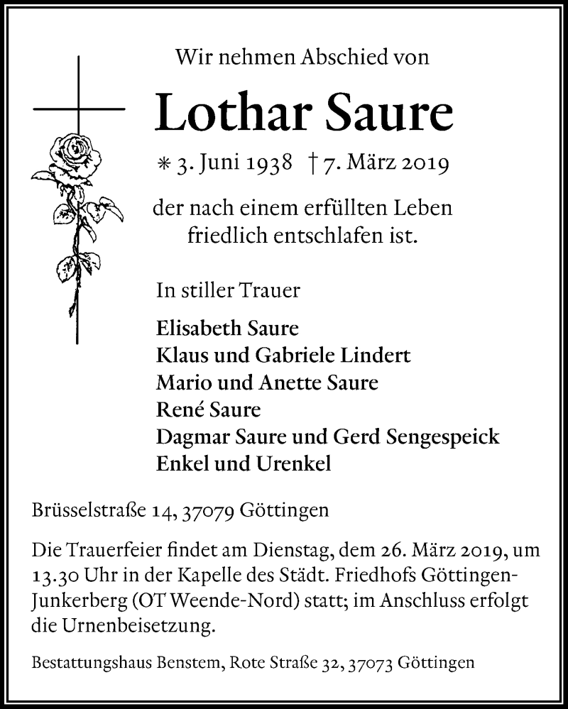  Traueranzeige für Lothar Saure vom 23.03.2019 aus Göttinger Tageblatt
