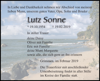 Traueranzeige von Lutz Sonne von Ostsee-Zeitung GmbH