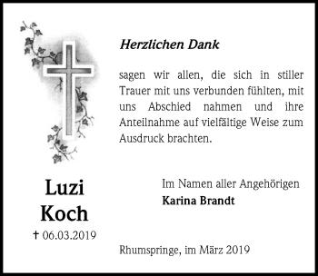 Traueranzeige von Luzi Koch von Eichsfelder Tageblatt