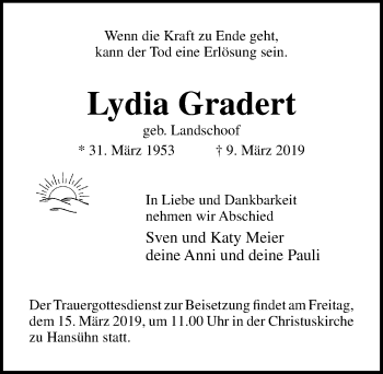 Traueranzeige von Lydia Gradert von Lübecker Nachrichten