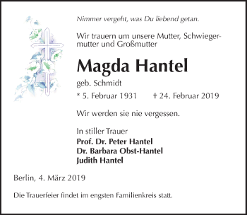 Traueranzeige von Magda Hantel von Hannoversche Allgemeine Zeitung/Neue Presse