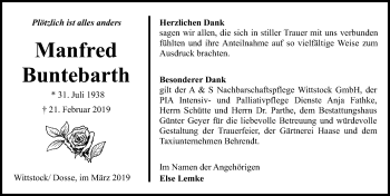 Traueranzeige von Manfred Buntebarth von Märkischen Allgemeine Zeitung