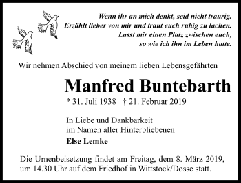 Traueranzeige von Manfred Buntebarth von Märkischen Allgemeine Zeitung