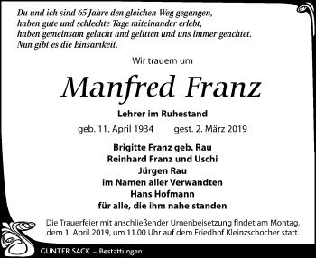 Traueranzeige von Manfred Franz von Leipziger Volkszeitung