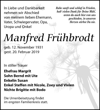 Traueranzeige von Manfred Frühbrodt von Leipziger Volkszeitung