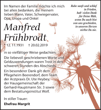 Traueranzeige von Manfred Frühbrodt von Leipziger Volkszeitung