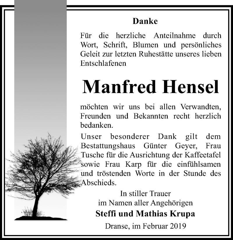  Traueranzeige für Manfred Hensel vom 02.03.2019 aus Märkischen Allgemeine Zeitung