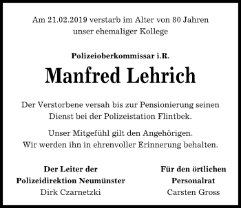 Traueranzeige von Manfred Lehrich von Kieler Nachrichten