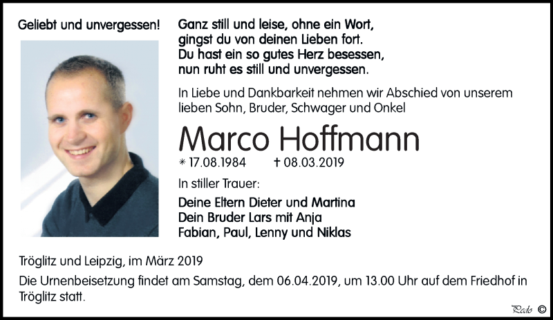  Traueranzeige für Marco Hoffmann vom 16.03.2019 aus Leipziger Volkszeitung