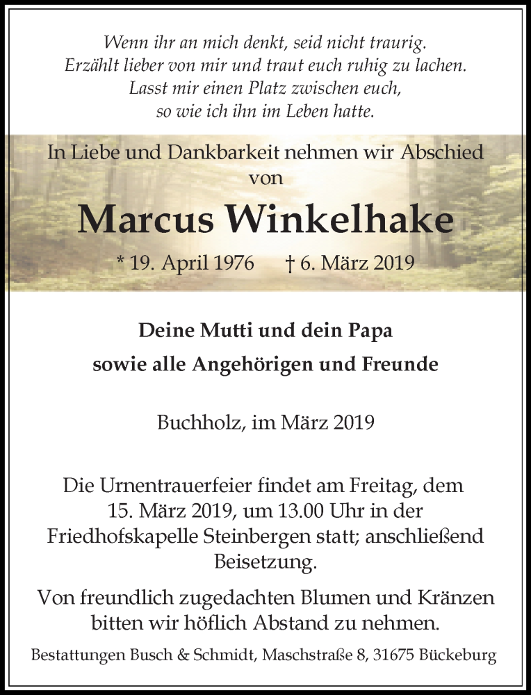  Traueranzeige für Marcus Winkelhake vom 09.03.2019 aus Schaumburger Nachrichten