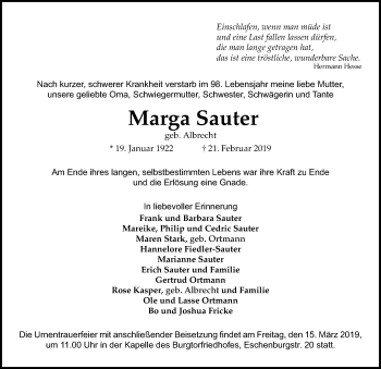 Traueranzeige von Marga Sauter von Lübecker Nachrichten