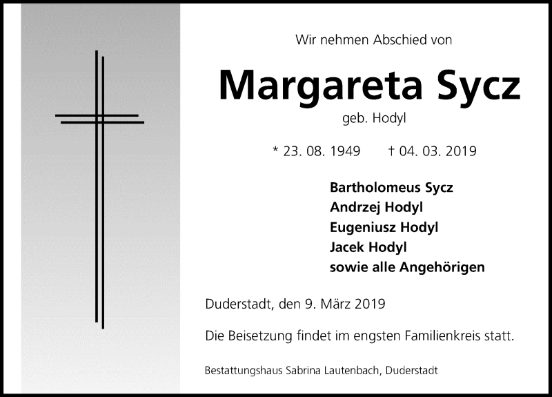  Traueranzeige für Margareta Sycz vom 09.03.2019 aus Eichsfelder Tageblatt