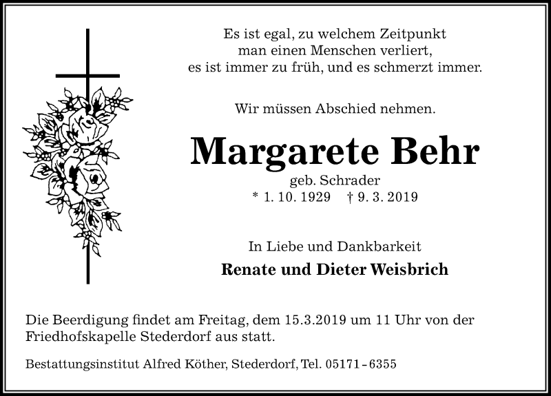  Traueranzeige für Margarete Behr vom 12.03.2019 aus Peiner Allgemeine Zeitung