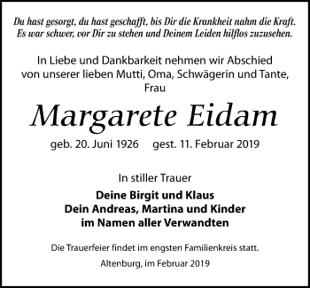 Traueranzeige von Margarete Eidam von Leipziger Volkszeitung