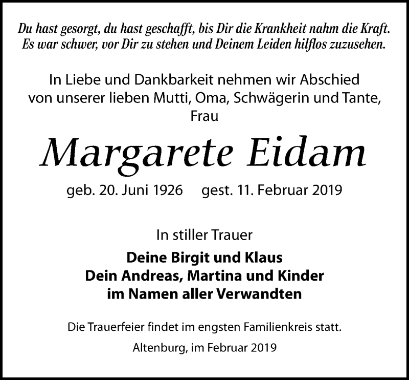  Traueranzeige für Margarete Eidam vom 23.02.2019 aus Leipziger Volkszeitung
