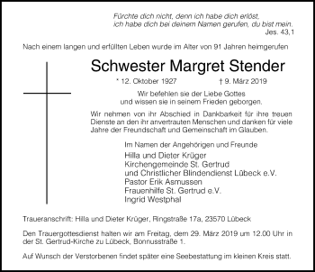 Traueranzeige von Margret Stender von Lübecker Nachrichten