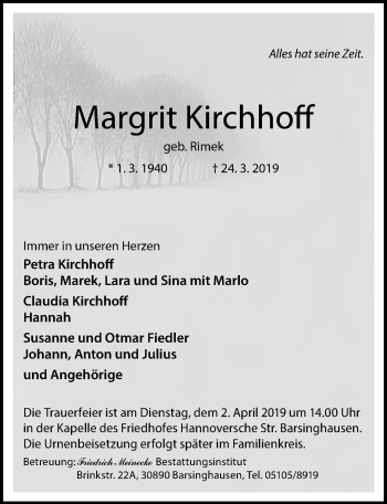 Traueranzeige von Margrit Kirchhoff von Hannoversche Allgemeine Zeitung/Neue Presse