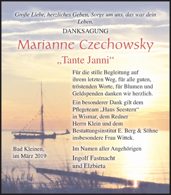 Traueranzeige von Marianne Czechowsky von Ostsee-Zeitung GmbH