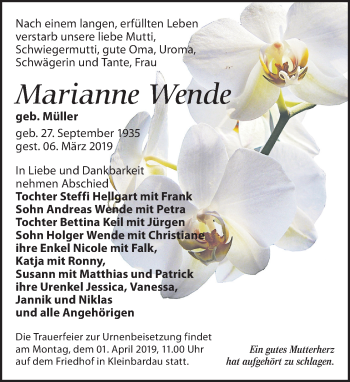 Traueranzeige von Marianne Wende von Leipziger Volkszeitung