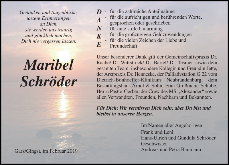  Traueranzeige für Maribel Schröder vom 23.02.2019 aus Ostsee-Zeitung GmbH
