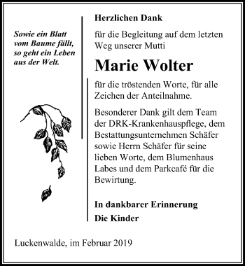 Traueranzeige von Marie Wolter von Märkischen Allgemeine Zeitung
