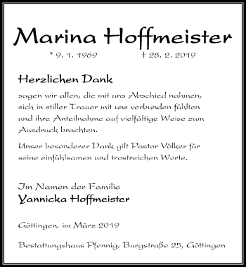 Traueranzeige von Marina Hoffmeister von Göttinger Tageblatt