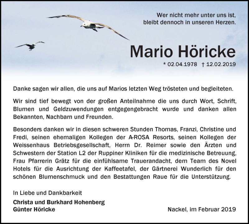  Traueranzeige für Mario Höricke vom 02.03.2019 aus Märkischen Allgemeine Zeitung