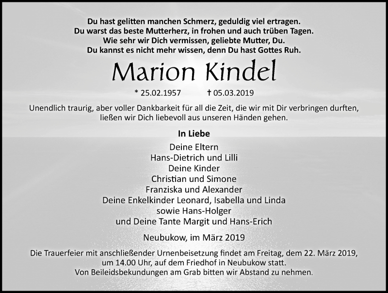  Traueranzeige für Marion Kindel vom 16.03.2019 aus Ostsee-Zeitung GmbH
