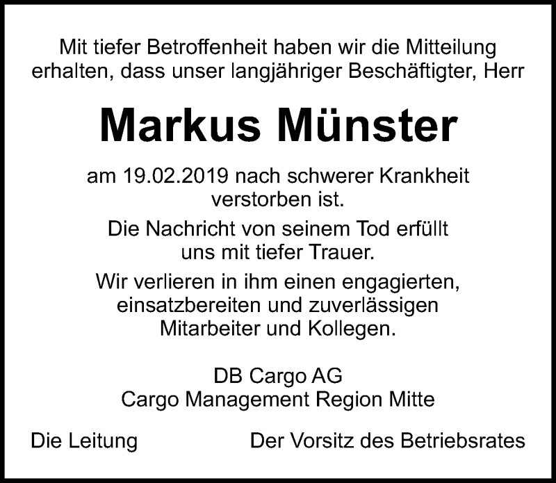  Traueranzeige für Markus Münster vom 03.03.2019 aus Lübecker Nachrichten