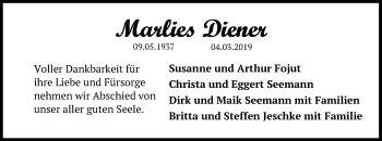 Traueranzeige von Marlies Diener von Kieler Nachrichten