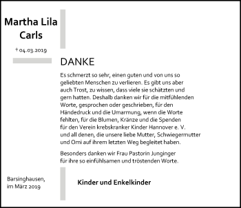 Traueranzeige von Martha Lila Carls von Hannoversche Allgemeine Zeitung/Neue Presse