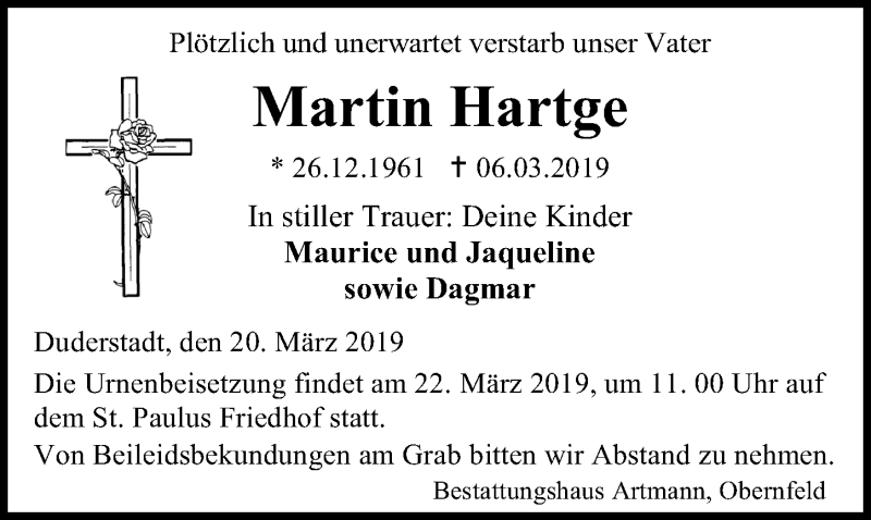  Traueranzeige für Martin Hartge vom 20.03.2019 aus Eichsfelder Tageblatt