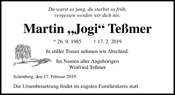 Traueranzeige von Martin Jogi Teßmer von Ostsee-Zeitung GmbH