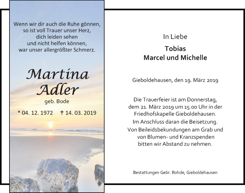  Traueranzeige für Martina Adler vom 19.03.2019 aus Eichsfelder Tageblatt