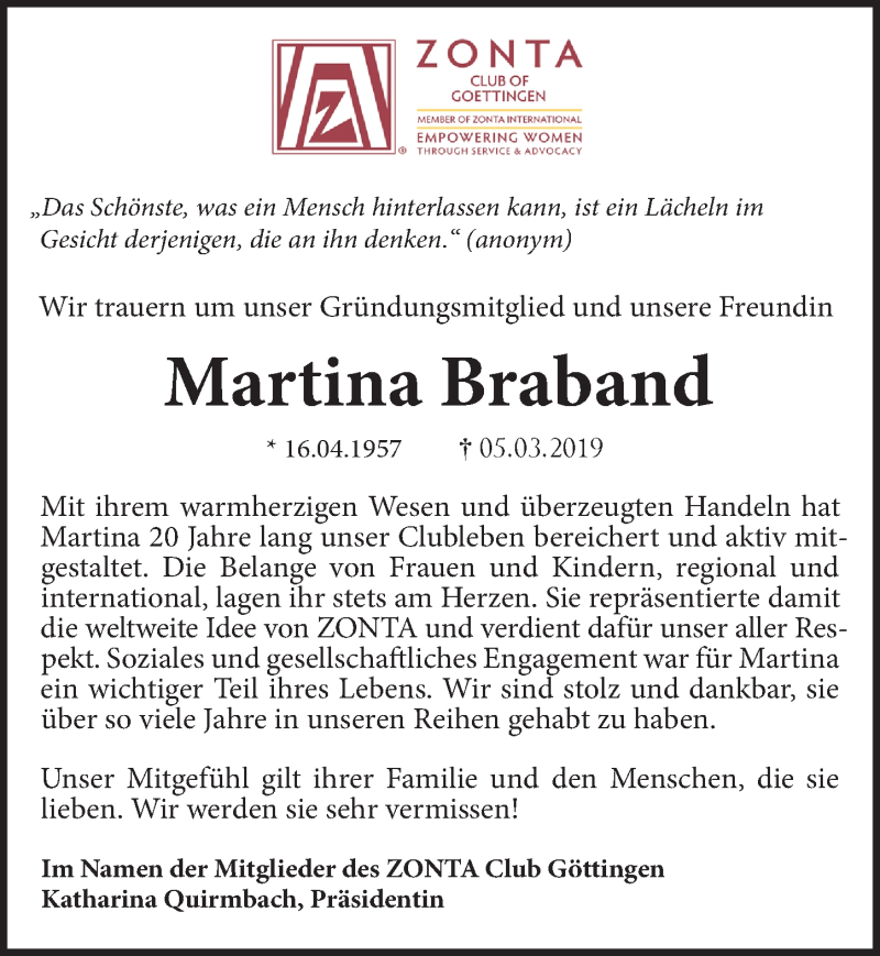  Traueranzeige für Martina Braband vom 09.03.2019 aus Göttinger Tageblatt