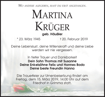 Traueranzeige von Martina Krüger von Leipziger Volkszeitung