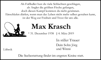 Traueranzeige von Max Krasch von Lübecker Nachrichten