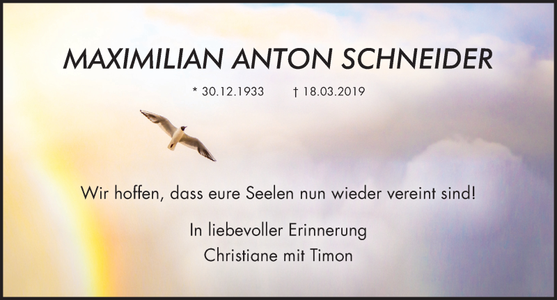  Traueranzeige für Maximilian Anton Schneider vom 24.03.2019 aus Lübecker Nachrichten