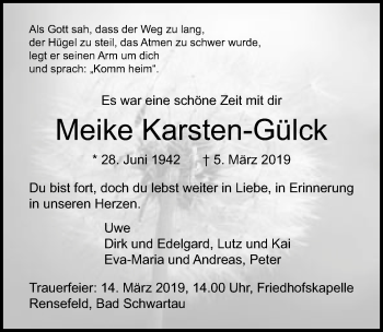 Traueranzeige von Meike Karsten-Gülck von Lübecker Nachrichten