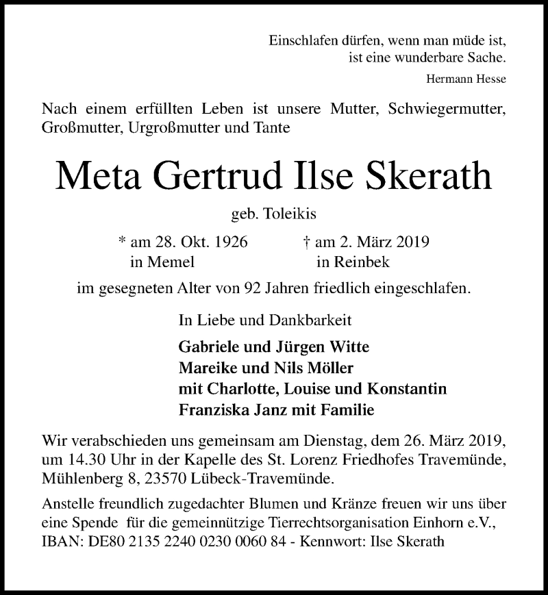  Traueranzeige für Meta Gertrud Ilse Skerath vom 17.03.2019 aus Lübecker Nachrichten