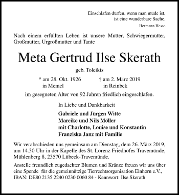 Traueranzeige von Meta Gertrud Ilse Skerath von Lübecker Nachrichten