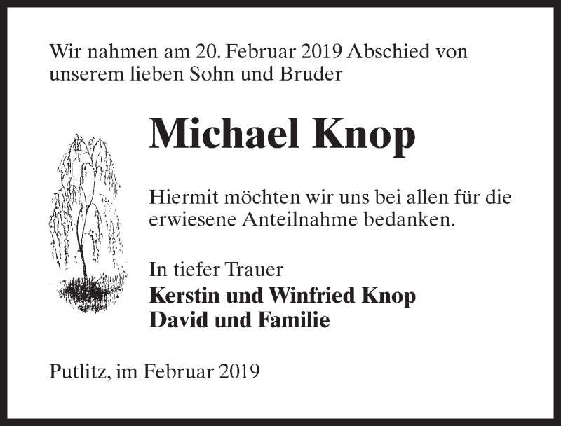  Traueranzeige für Michael Knop vom 02.03.2019 aus Märkischen Allgemeine Zeitung